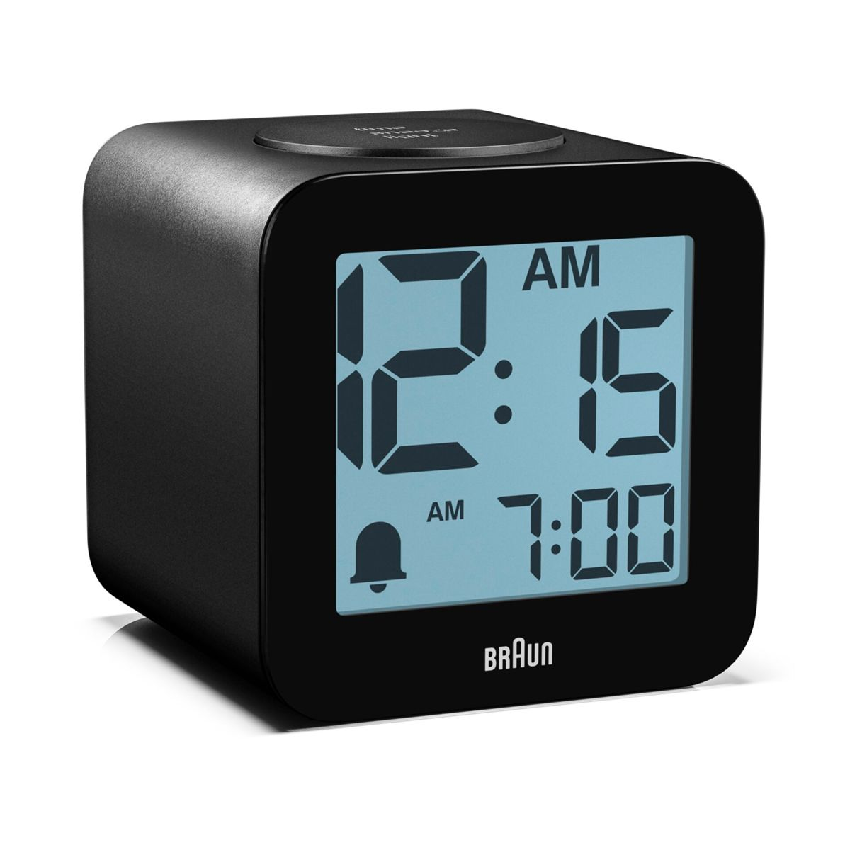 Schwarzer digitaler Wecker mit blauer Anzeige, zeigt 12:15 AM und 7:00 AM an.