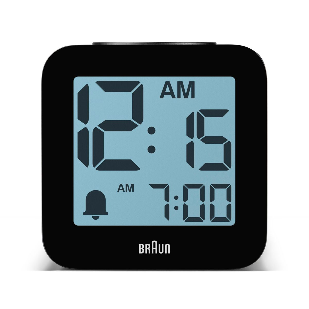 Ein schwarzer digitaler Braun-Wecker zeigt 12:15 AM und 7:00 AM an.