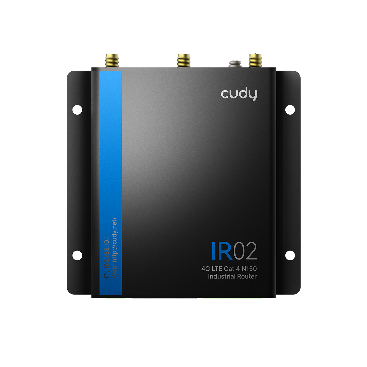 Schwarzer Cudy IR02 Industrie-Router mit zwei Antennen und blauem Streifen. IP und Webadresse sichtbar.