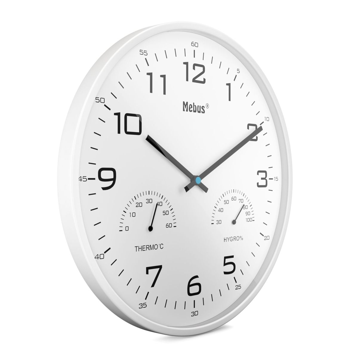 Weiße Wanduhr mit Thermometer und Hygrometer, schwarze Zeiger und Ziffern.