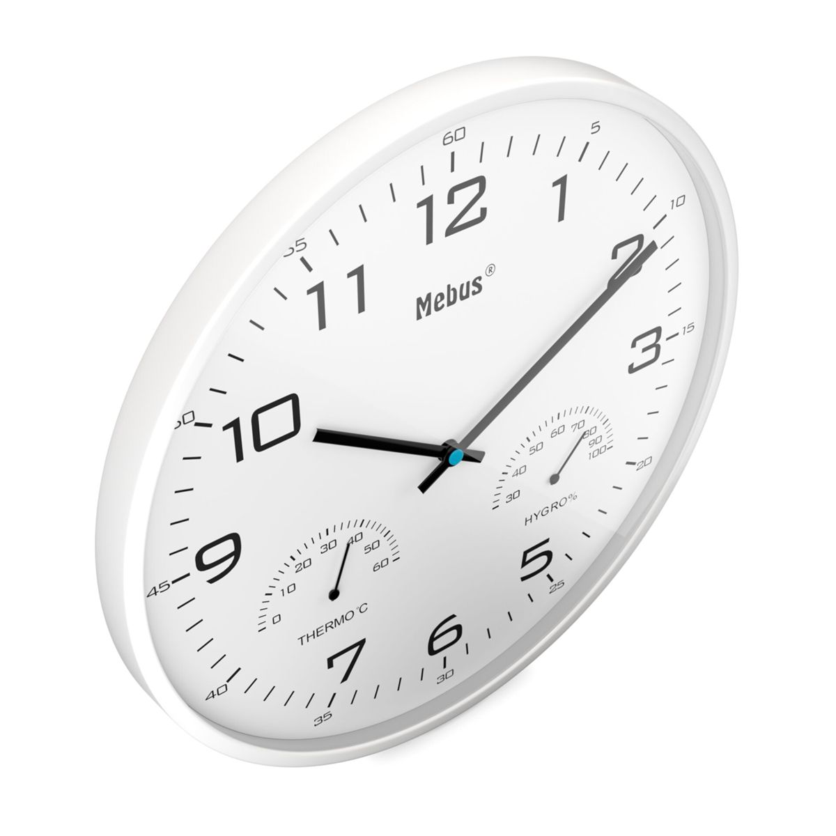 Ein weier Wandkalender mit Zifferblatt, Zeigern, Thermometer und Hygrometer.