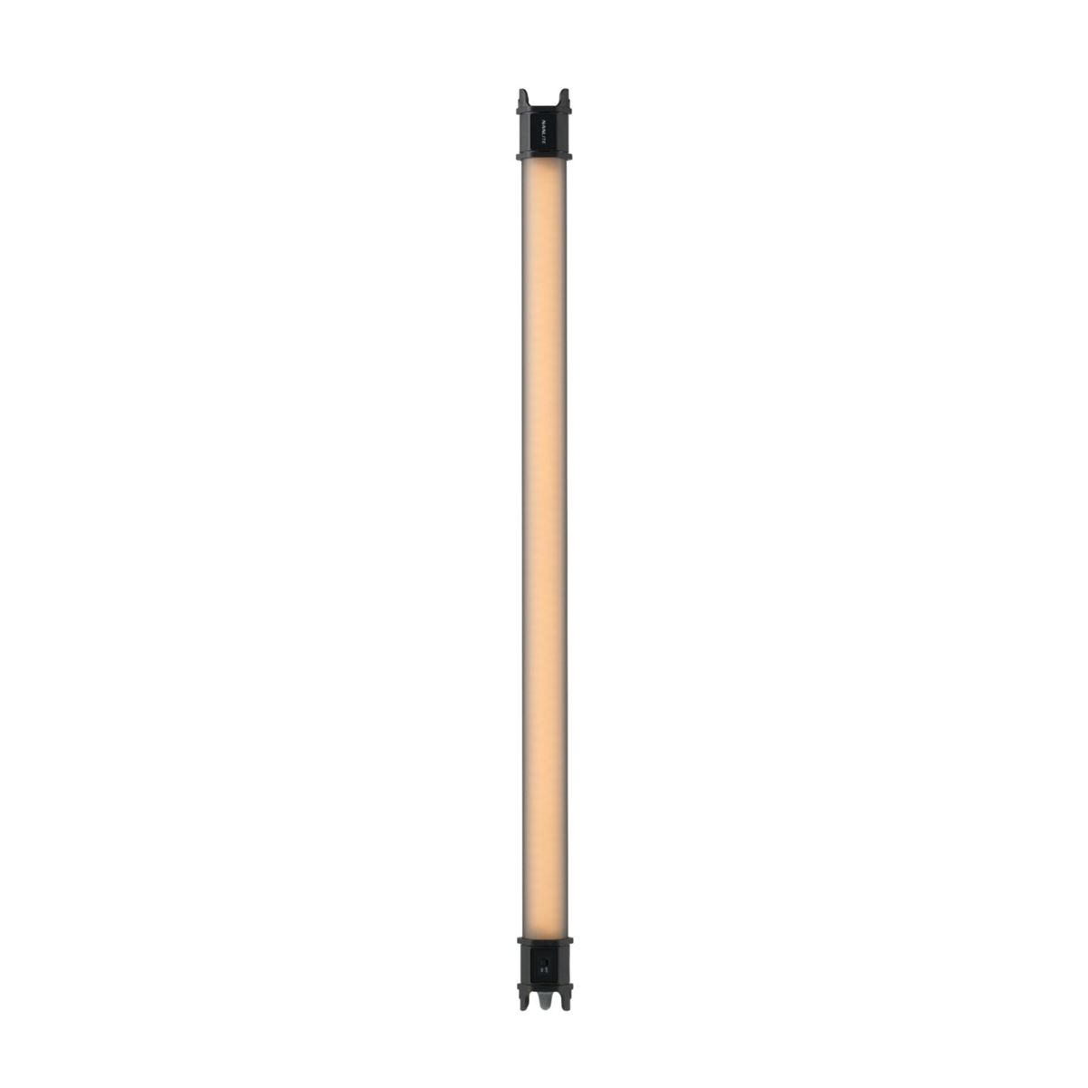 Un tubo luminoso sottile e illuminato con tappi neri su sfondo bianco.