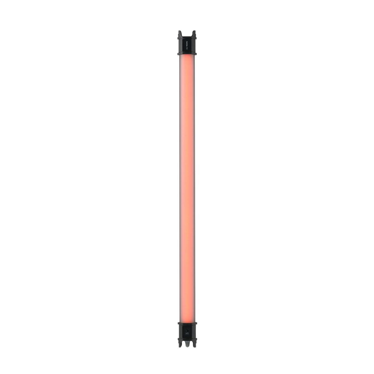 Un tubo luminoso rosso brillante con tappi neri su sfondo bianco.