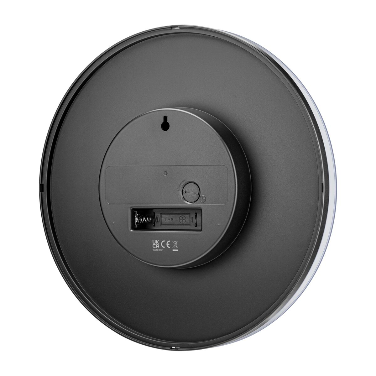 Rückseite einer runden Wanduhr mit Batteriefach und Aufhänger.