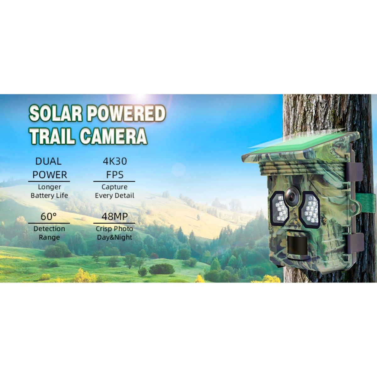 Solar-Trailkamera mit Tarnmuster, befestigt an einem Baum, mit technischen Daten.