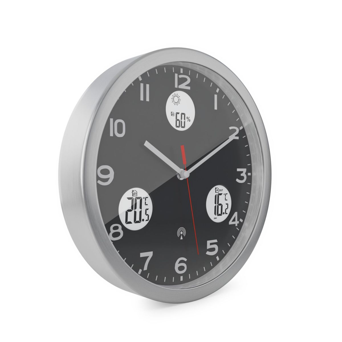 Eine schwarze Wanduhr mit Metallrahmen zeigt 60% Luftfeuchtigkeit, 20.5°C innen und 10.2°C außen an.