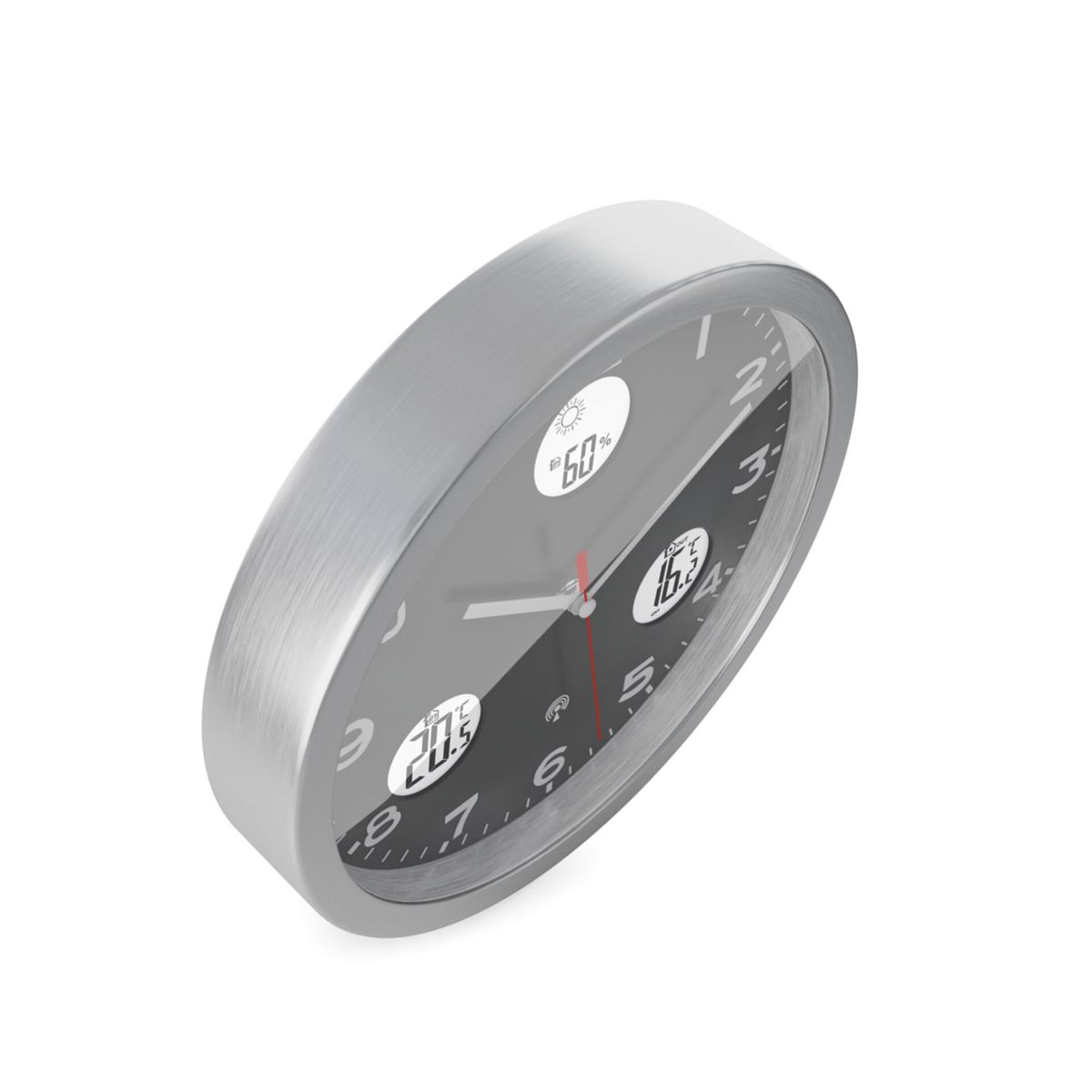 Eine silberne Wanduhr mit schwarzen Ziffern und digitalen Anzeigen für Temperatur und Luftfeuchtigkeit.