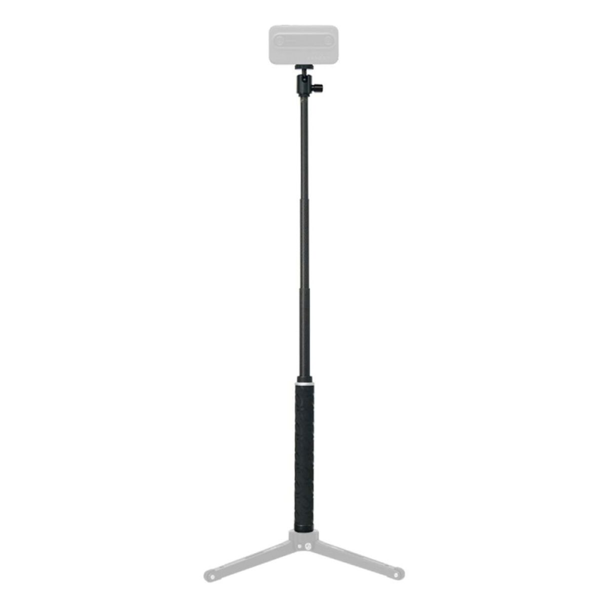 Ein schwarzer Selfie-Stick mit einem Stativfuß und einem Smartphone-Halter am oberen Ende.