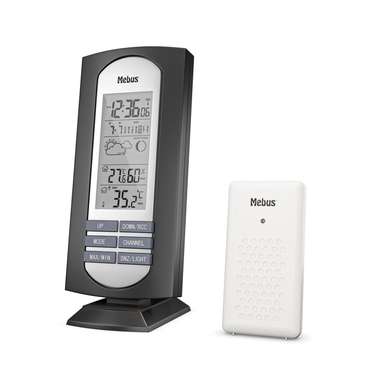 Eine schwarze Mebus Wetterstation mit Digitalanzeige für Uhrzeit, Datum, Wetter und Temperatur, daneben ein weißer Sensor.