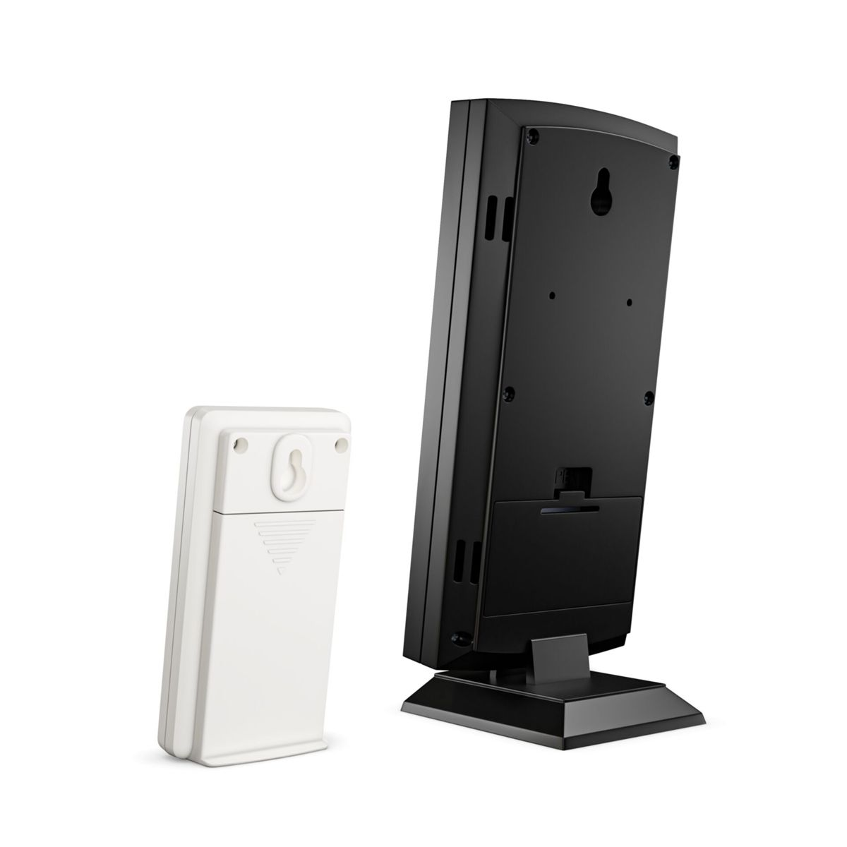 Ein weier Sensor und eine schwarze Wetterstation auf weiem Hintergrund.