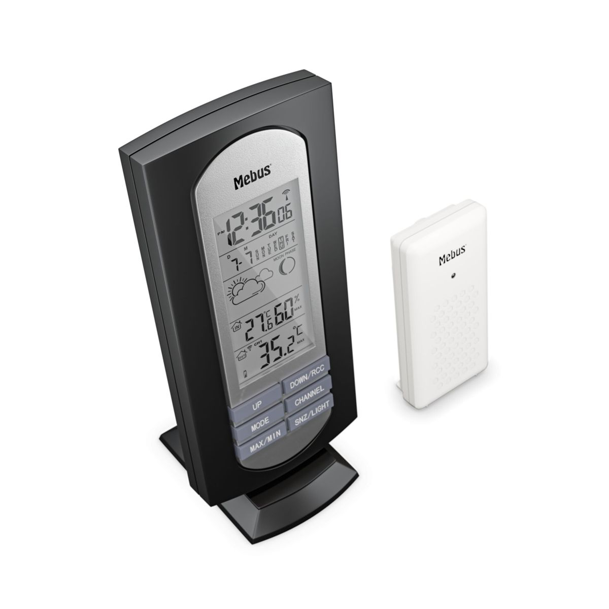 Ein schwarzes Mebus Wetterstation-Display und ein weißer Mebus Sensor.