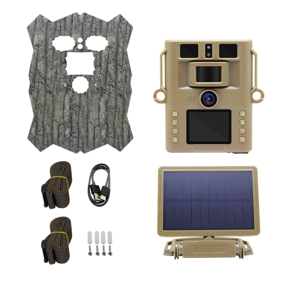 Wildkamera-Set mit Tarnfolie, Solarpanel, Gurten, Kabel und Befestigungsmaterial.