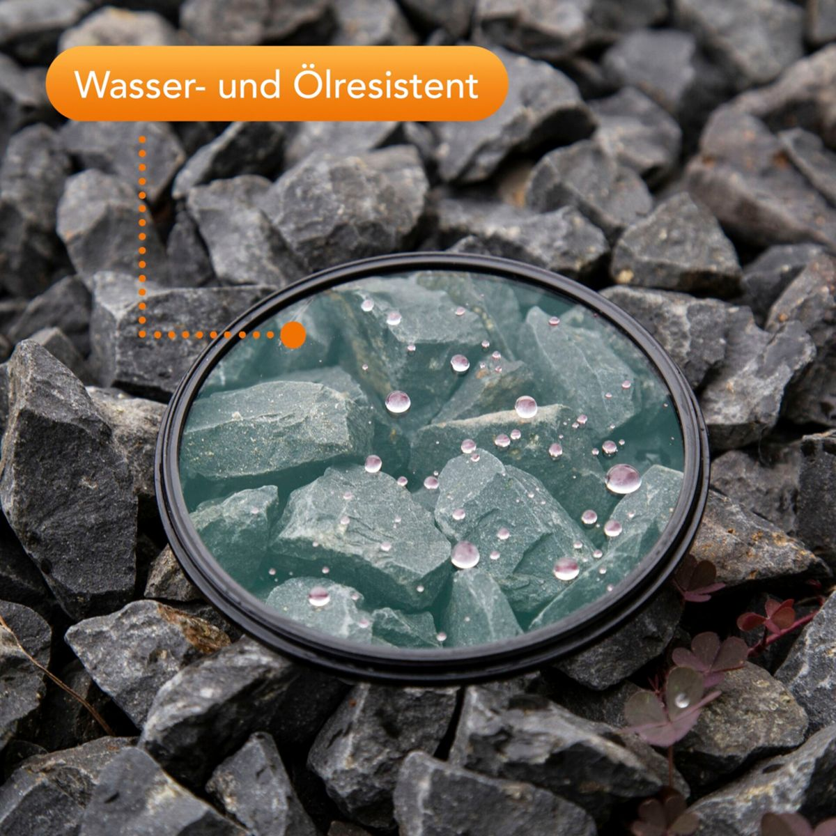 Filter mit Wassertropfen auf Steinen. Wasser- und ölresistent.