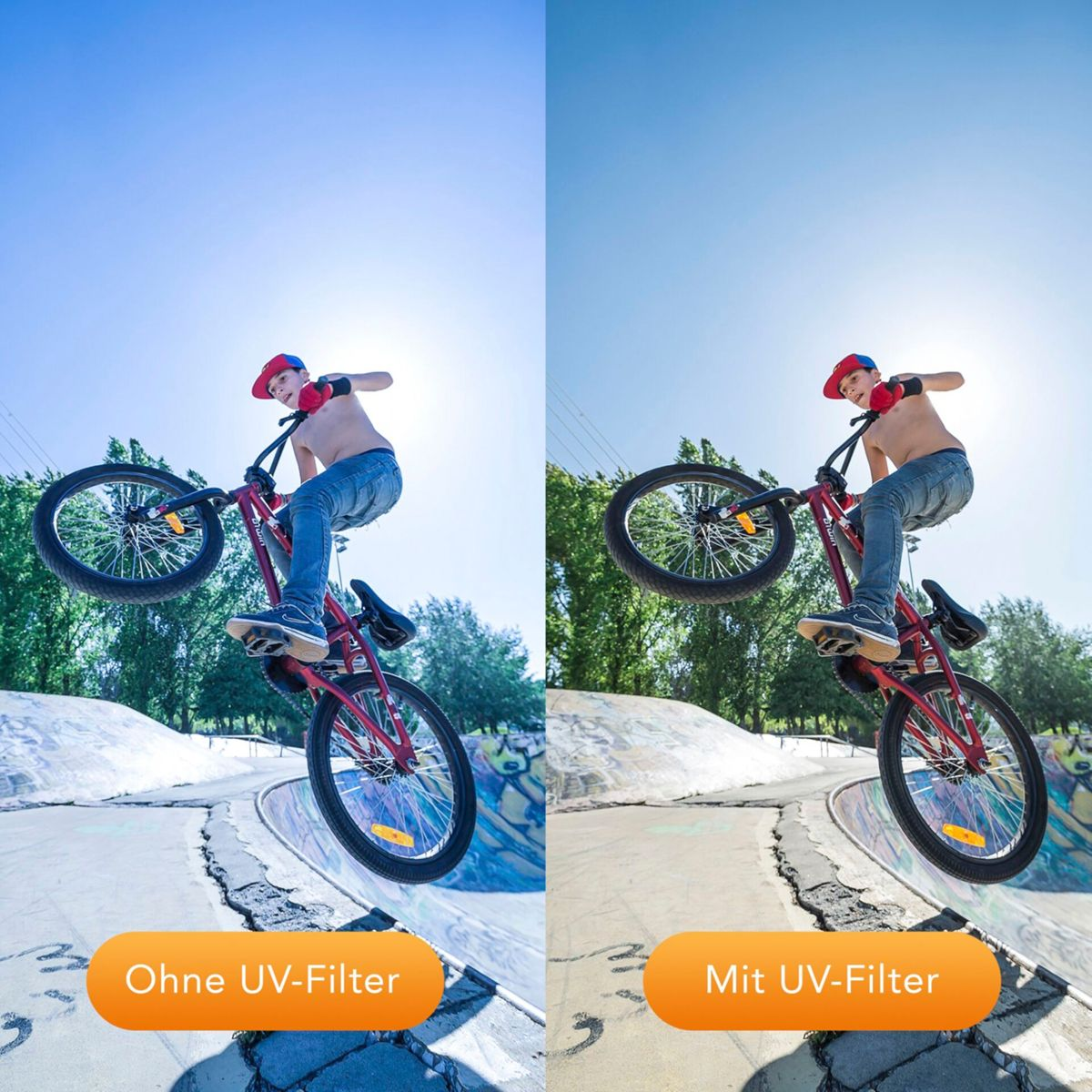 Junge springt mit BMX-Rad in einem Skatepark, mit und ohne UV-Filter verglichen.