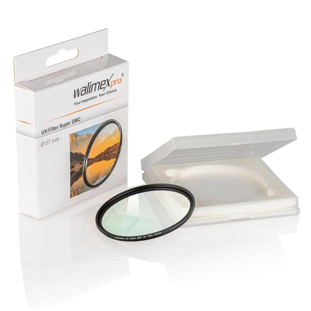 Walimexpro UV-Filter 67mm mit Verpackung und Schutzhülle.