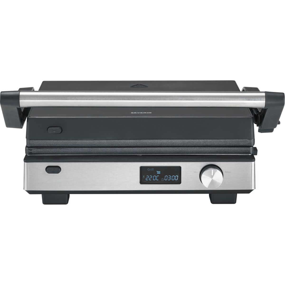 Geschlossener silberner und schwarzer Kontaktgrill mit digitaler Anzeige und Drehregler.