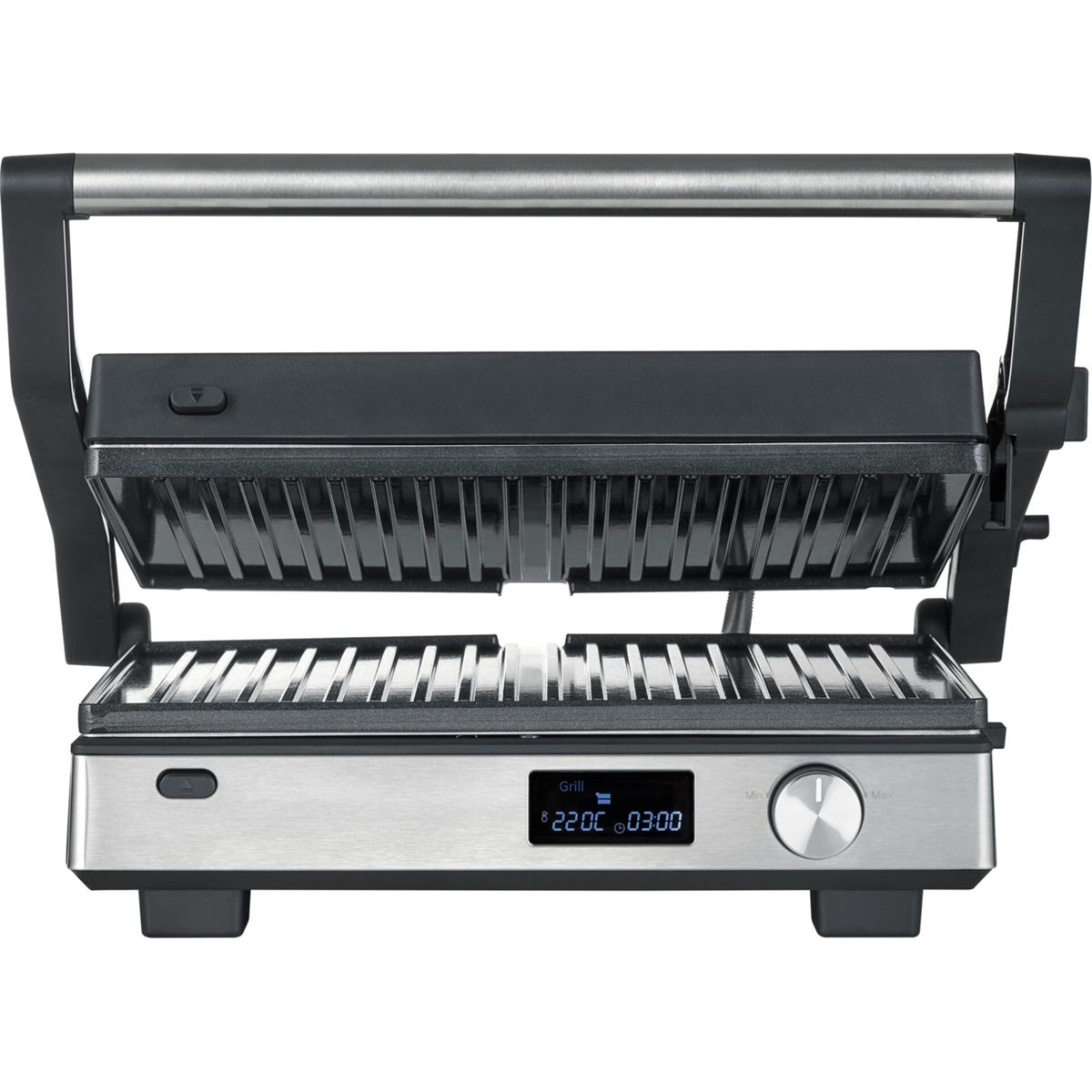 Ein offener silberner und schwarzer Kontaktgrill mit digitaler Anzeige.