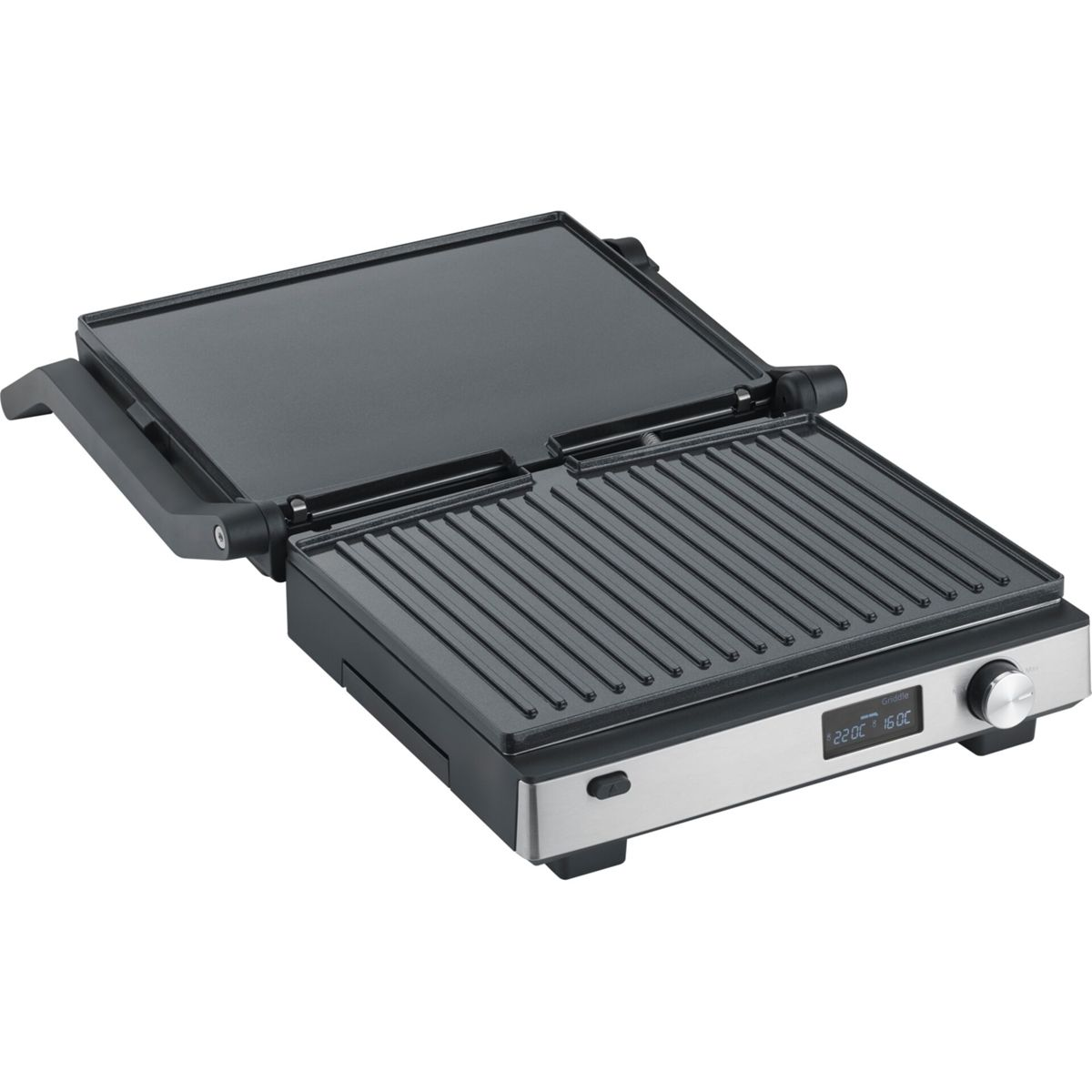 Ein offener Kontaktgrill mit geriffelter und glatter Grillfläche, silberner Front und digitaler Anzeige.