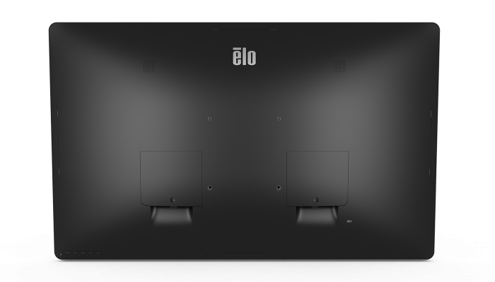 Rückseite eines schwarzen Elo-Touchscreens mit Anschlüssen und Lautsprechergittern.