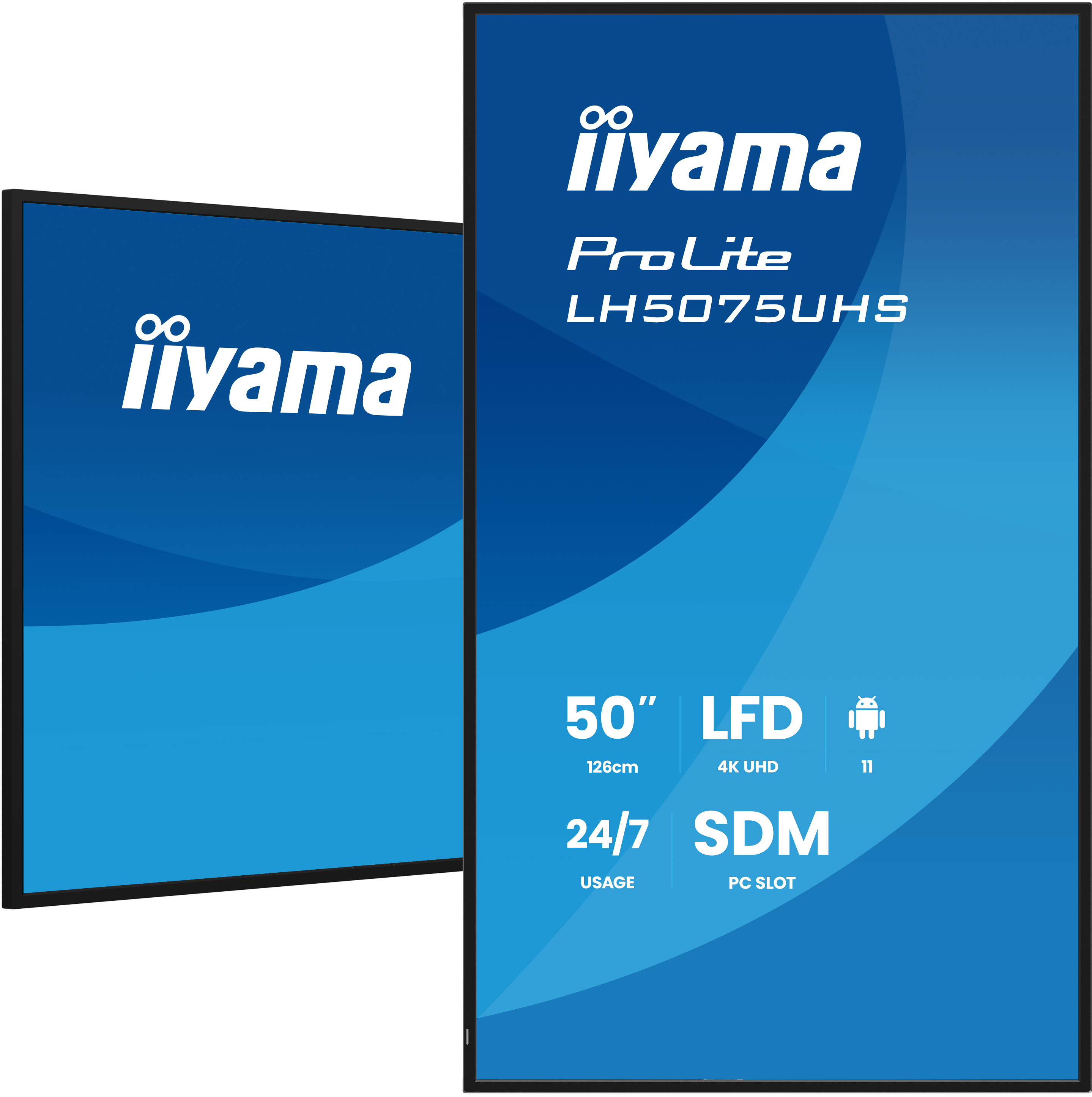 Dwa monitory iiyama, jeden wyświetla napis "ProLite LH5075UHS".