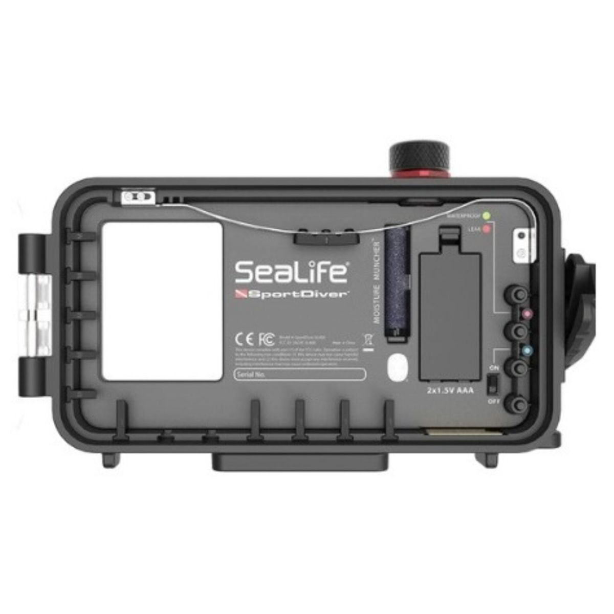 Ein schwarzes Gehäuse mit SeaLife SportDiver Logo, Batteriefach und Anschlüssen.