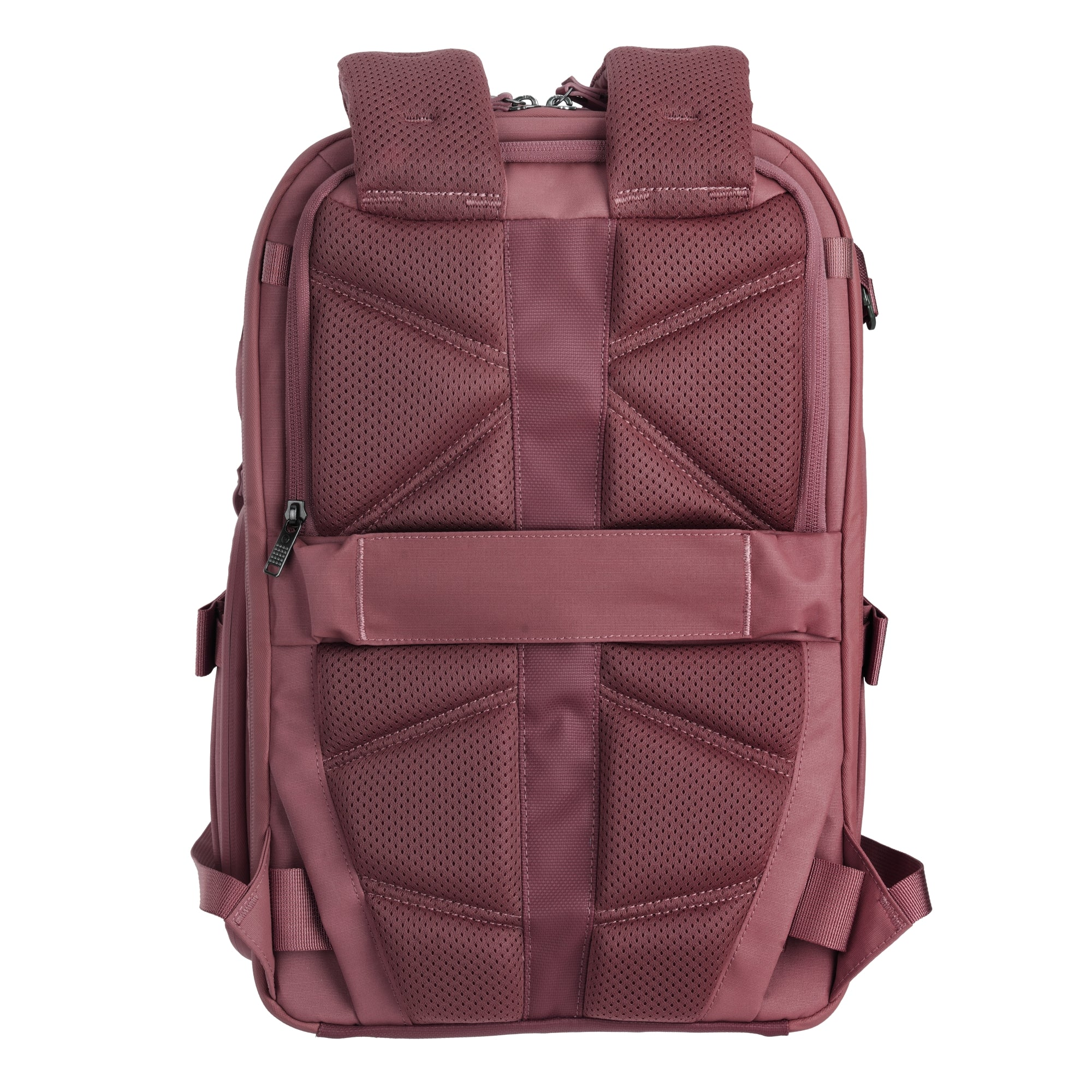 Rückansicht eines rosafarbenen Rucksacks mit gepolsterten Trägern und Belüftung.