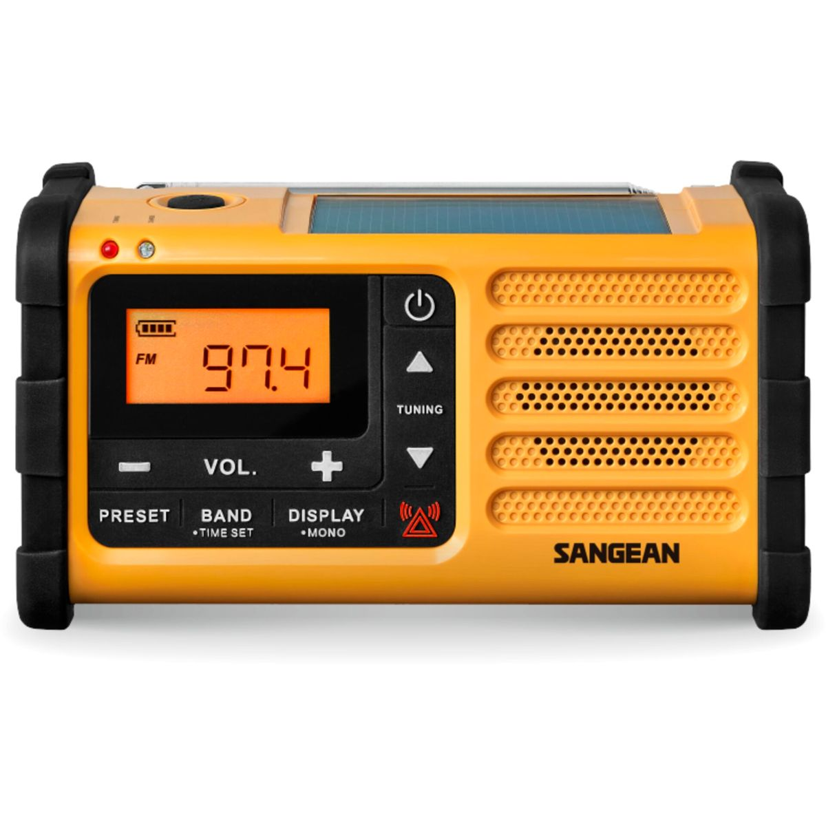 Ein gelbes Sangean Radio mit Solarpanel, Display zeigt 97.4 FM.