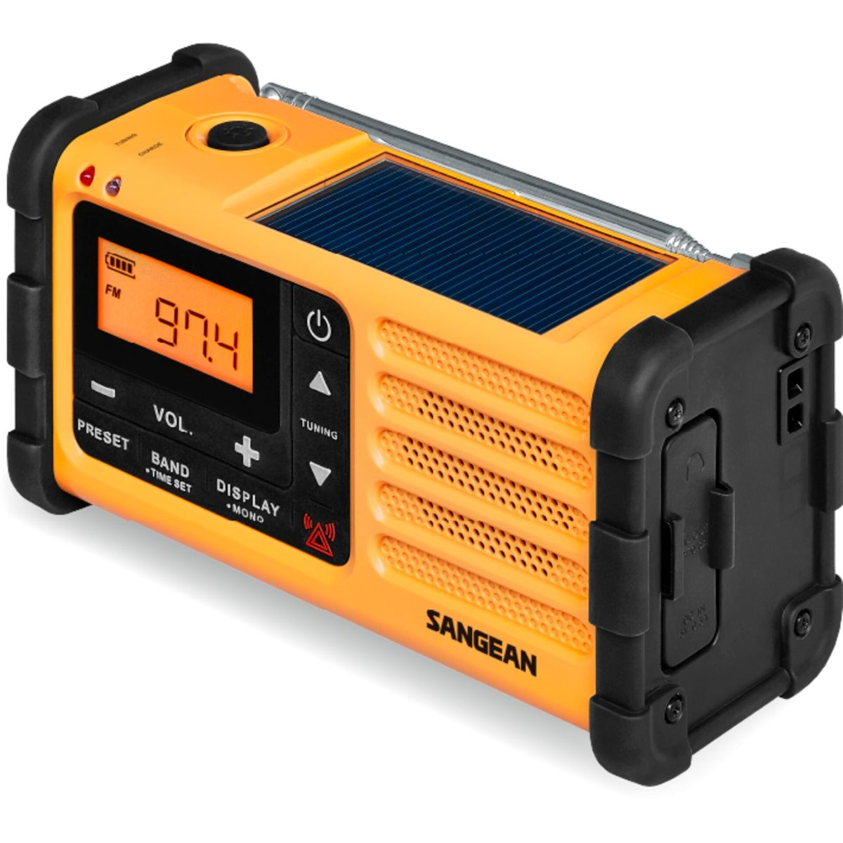 Orange Sangean Radio mit Solarpanel, FM 97.4, Lautstärkeregler und Bedientasten.