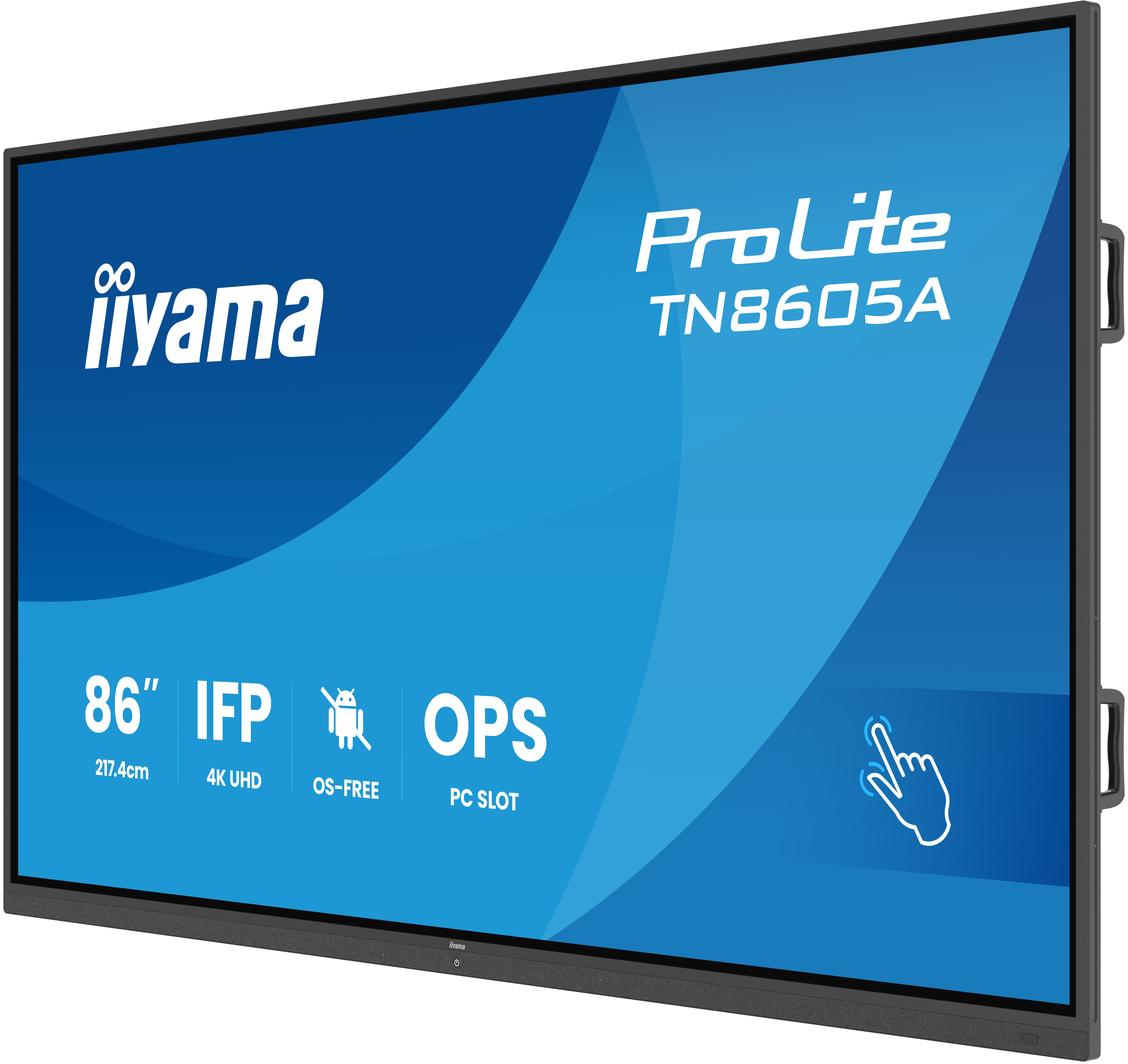 Un grande schermo nero iiyama ProLite TN8605A con display blu.