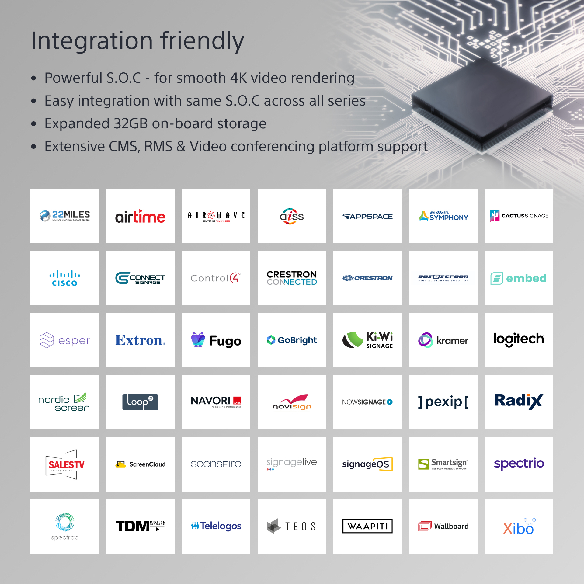 Integration-freundlich: Liste von digitalen Beschilderungsmarkenlogos auf grauem Hintergrund.