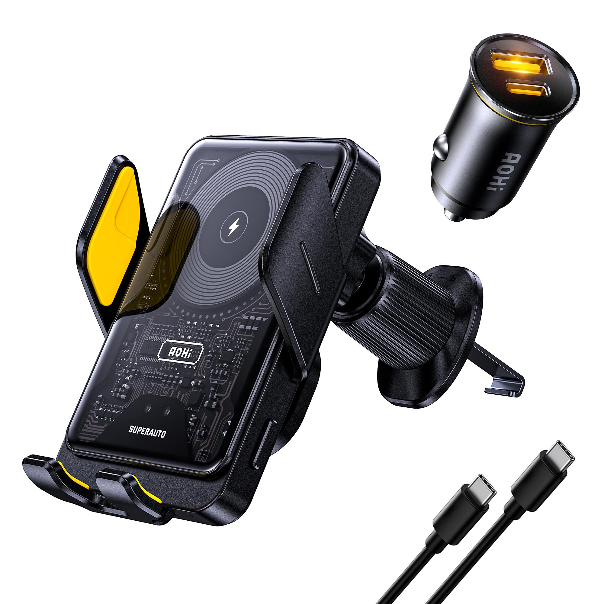 Şarjlı siyah araç telefon tutucu, araç şarj adaptörü ve USB-C kabloları.