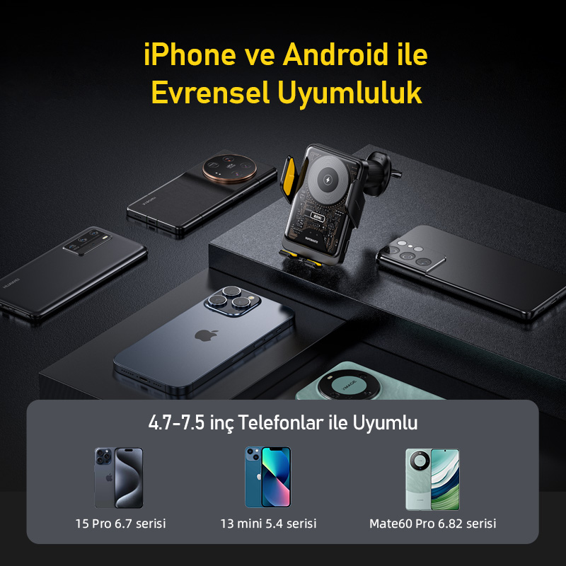 Koyu arka plan üzerinde birden fazla akıllı telefon ve kablosuz şarj standı sergileniyor.