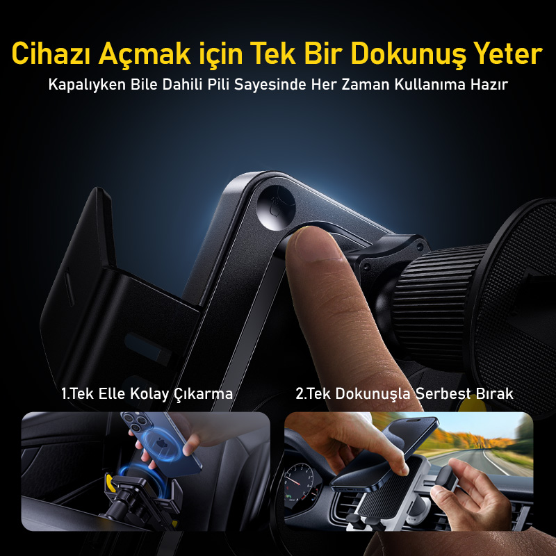 Açmak için tek dokunuş. Kullanım örnekleriyle araç telefon tutucusunu gösterir.