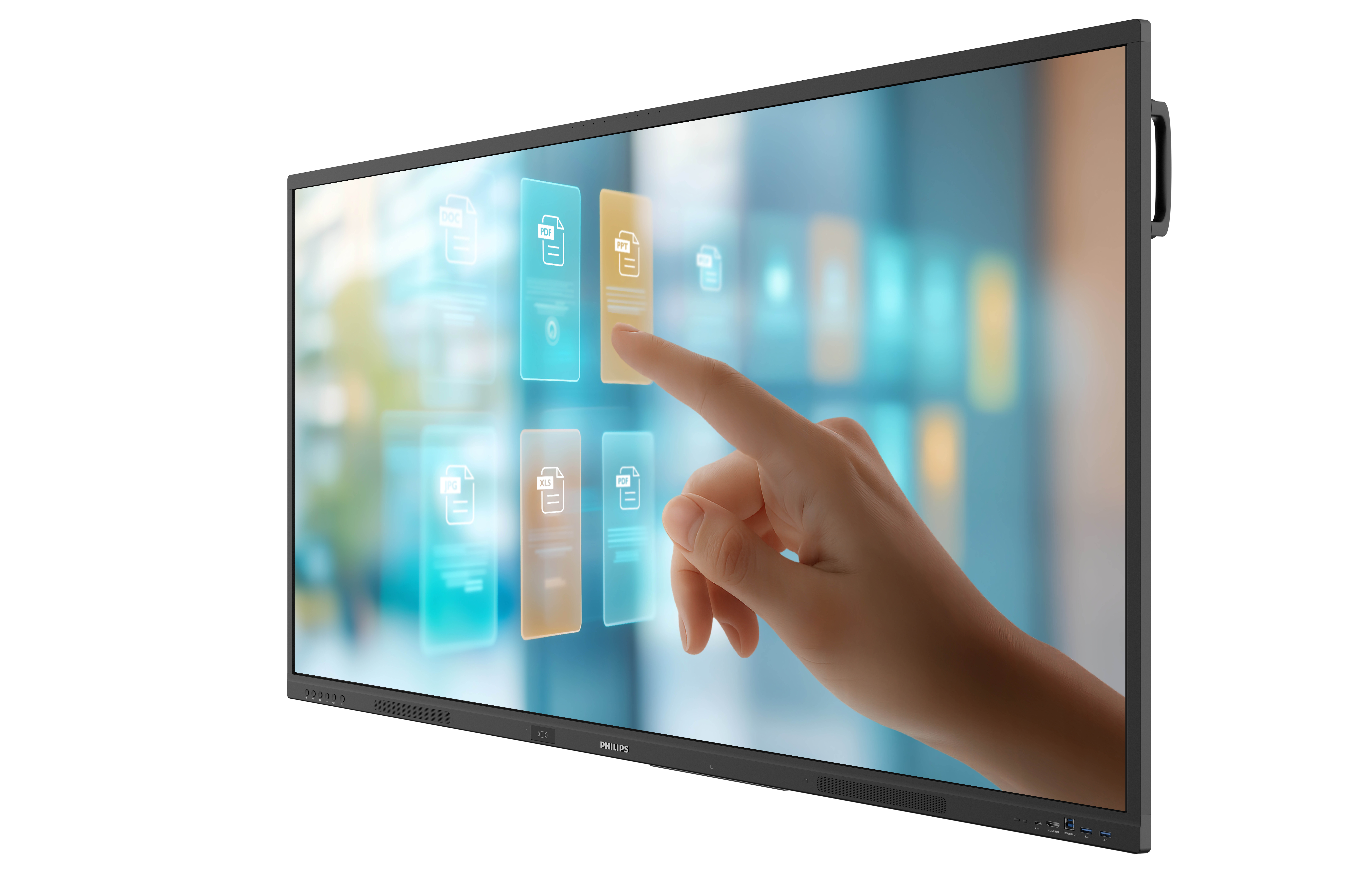 Una mano tocca un display che mostra icone di file come PDF e PPT.