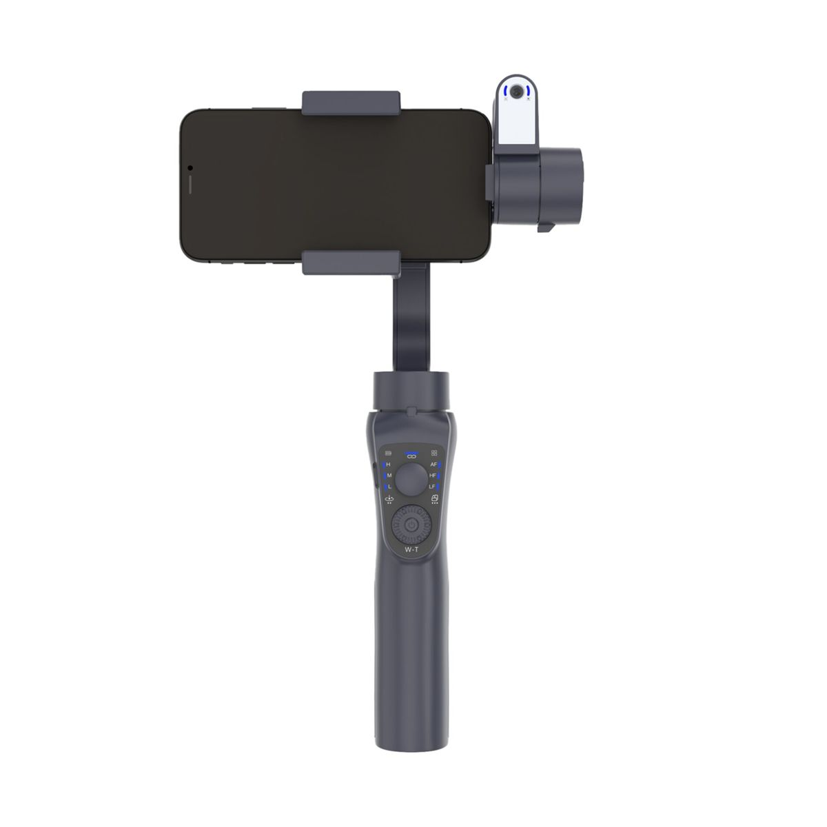 Ein dunkler Smartphone-Gimbal mit einem Handy im Querformat und Bedienelementen.