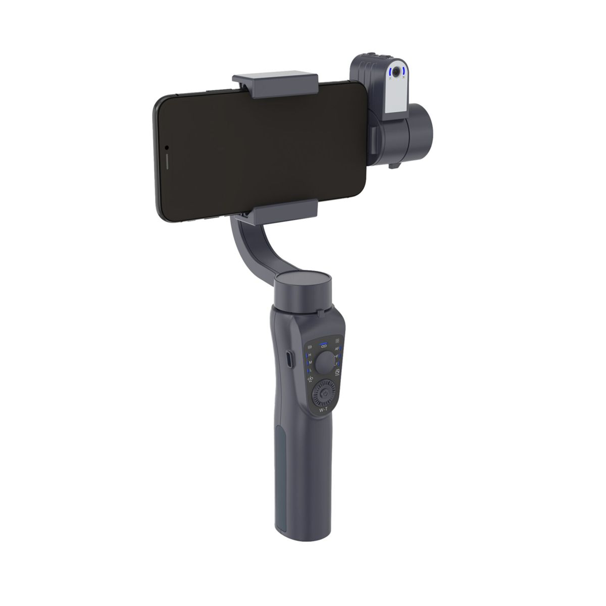 Ein dunkler Smartphone-Gimbal mit einem Smartphone, das im Querformat montiert ist.