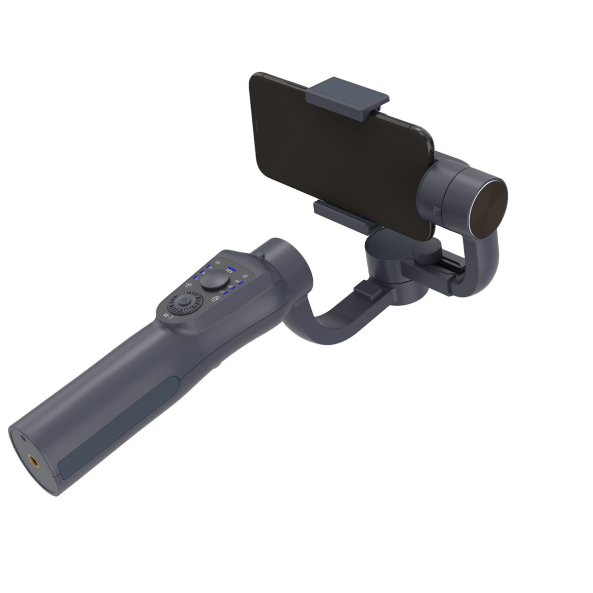 Ein dunkelgrauer Smartphone-Gimbal-Stabilisator mit einem schwarzen Telefon darauf.