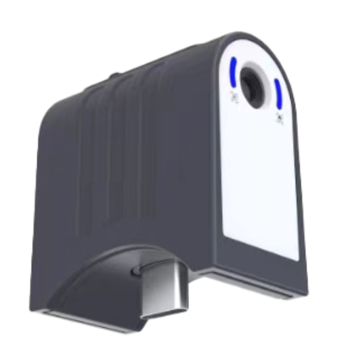 Ein dunkler, rechteckiger Sensor mit einem silbernen Auslass unten und blauen Lichtern.
