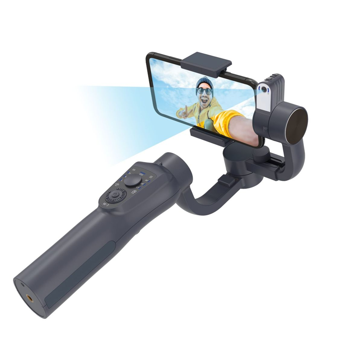 Ein dunkler Gimbal hält ein Smartphone, das einen Mann zeigt, der ein Selfie macht.