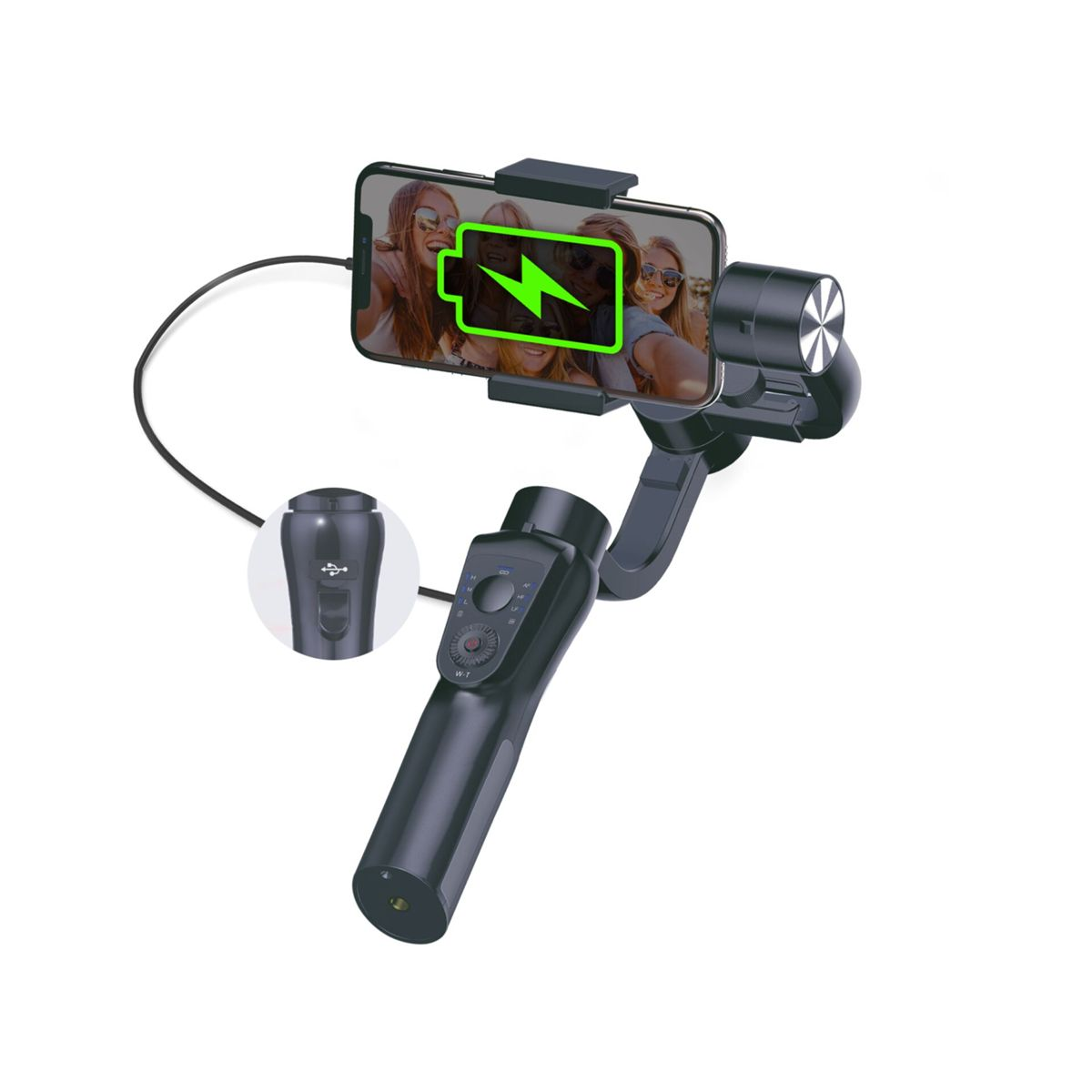 Ein schwarzer Smartphone-Gimbal-Stabilisator mit einem Telefon, das Freunde beim Selfie zeigt.