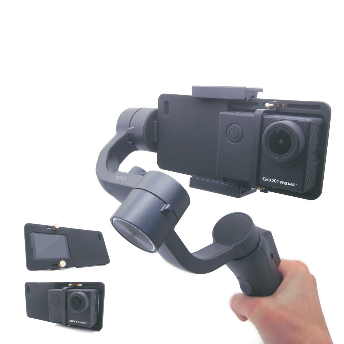 Ein schwarzer Gimbal hält eine Action-Kamera und ein Smartphone, mit einer Hand.