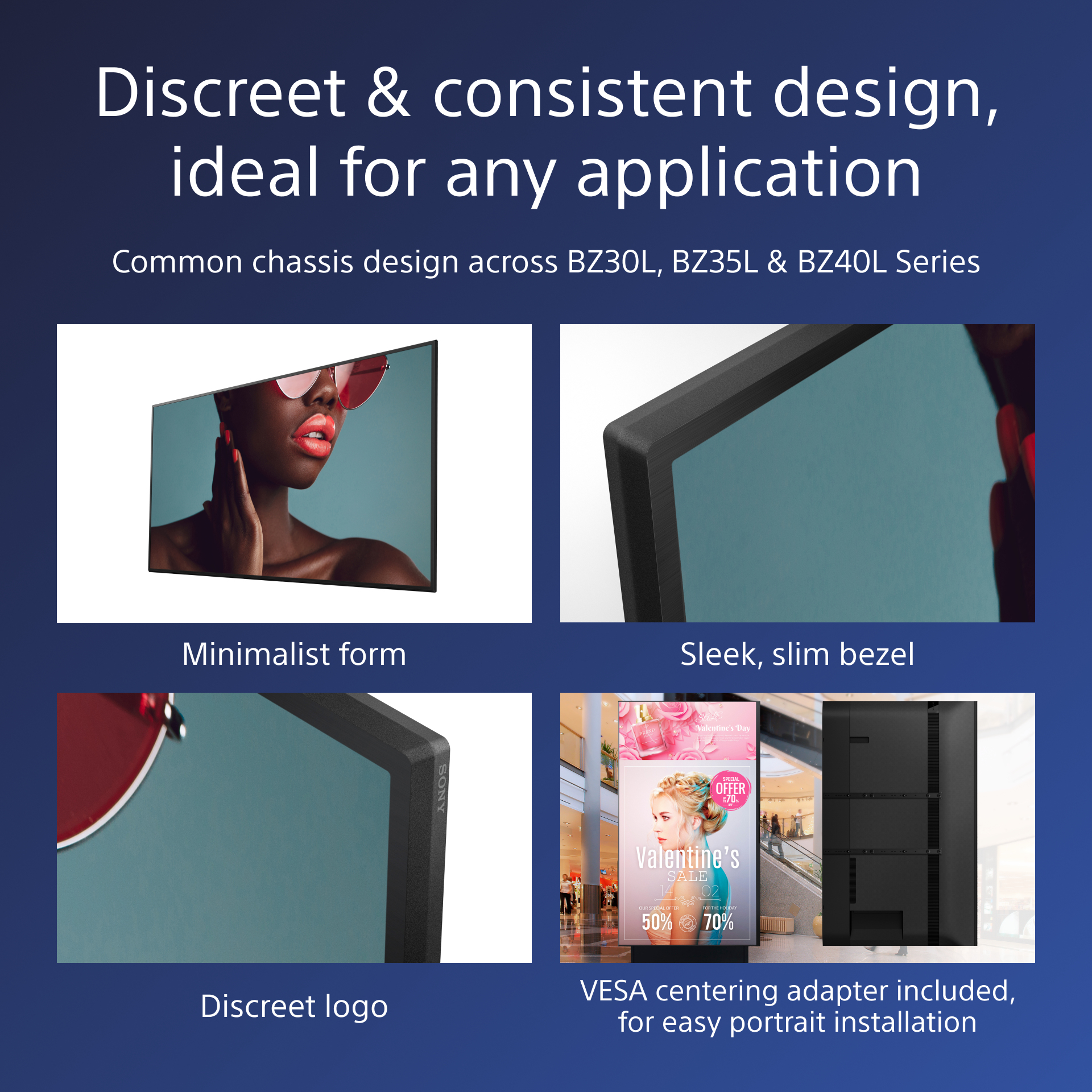 Quattro immagini mostrano un monitor: donna con occhiali da sole, cornice, logo SONY, pubblicità San Valentino.