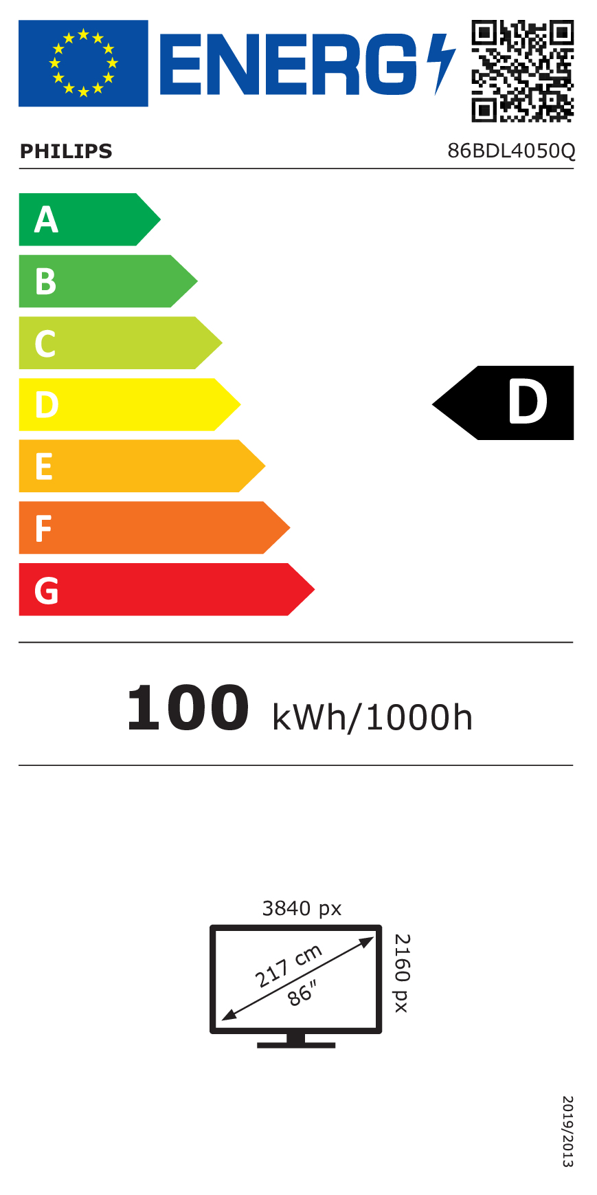 Etichetta energetica logo Philips, classe D, 100 kWh/1000h, 86 pollici, 4K.