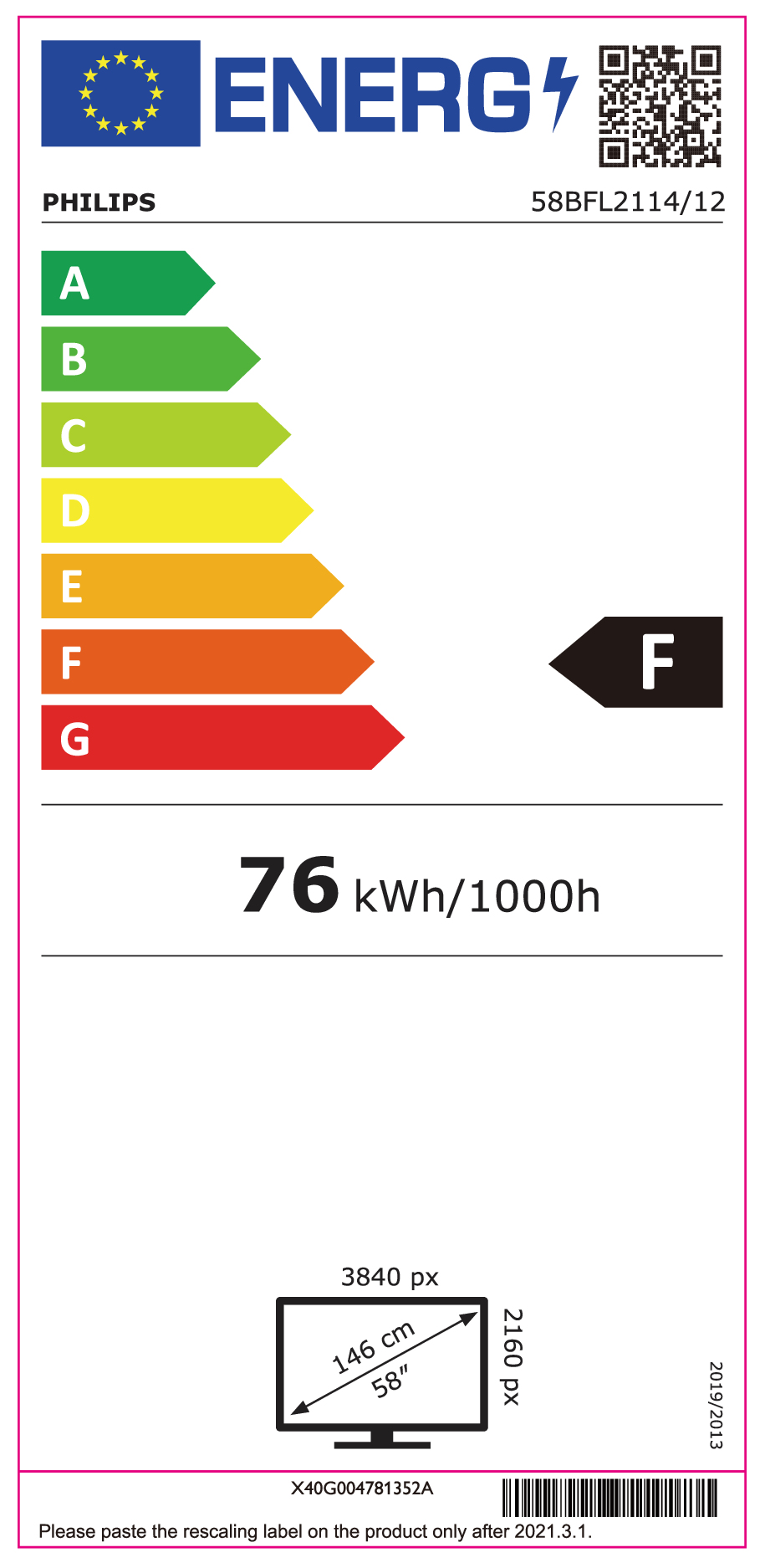 Etichetta Energetica Philips: Classe F, 76 kWh/1000h, schermo da 58 pollici, 3840x2160px.