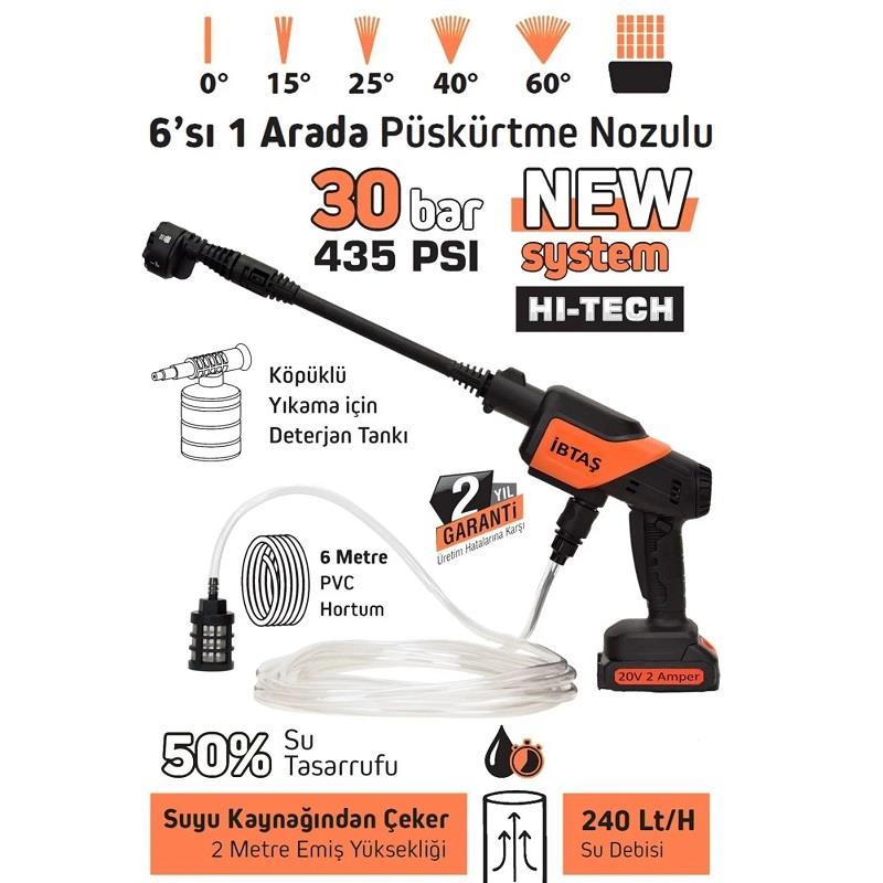 30 bar, 435 PSI, 6'sı 1 arada nozullu, 20V akülü ve 6m hortumlu basınçlı yıkama makinesi.