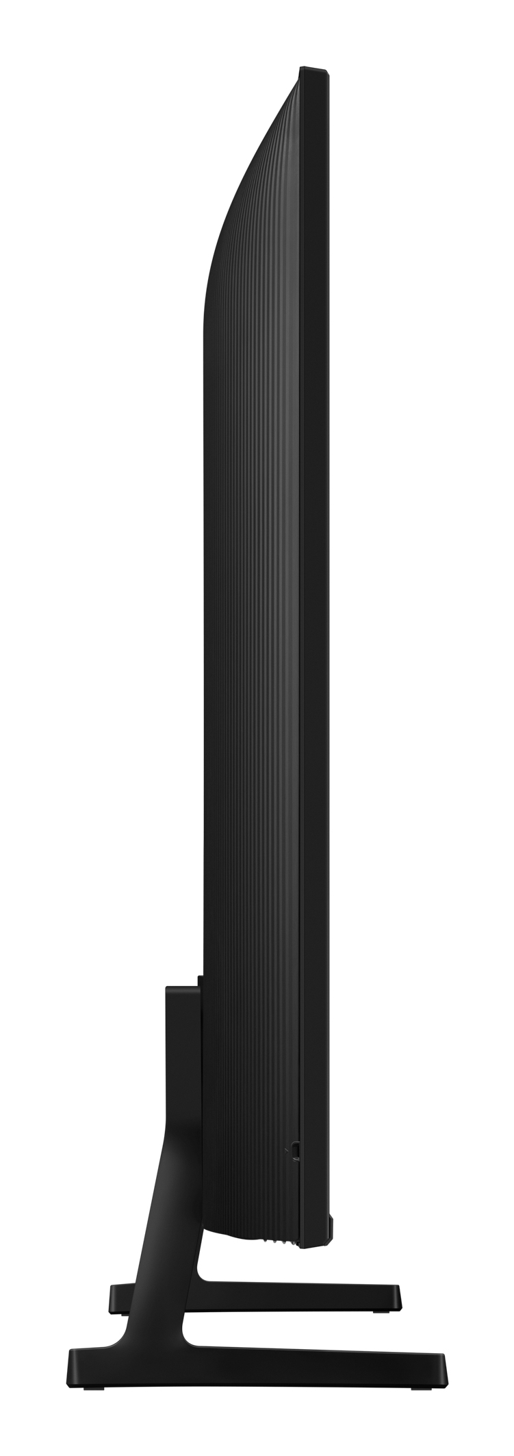 Monitor negro de perfil con carcasa acanalada y base.