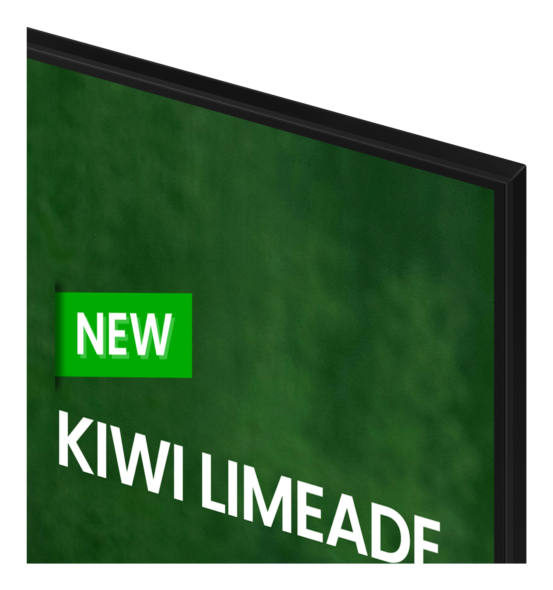 Una pantalla verde con el texto NUEVO y KIWI LIMEADE en blanco.