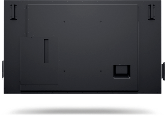 Respaldo de una gran pantalla negra con soportes y puertos. Diseño minimalista.