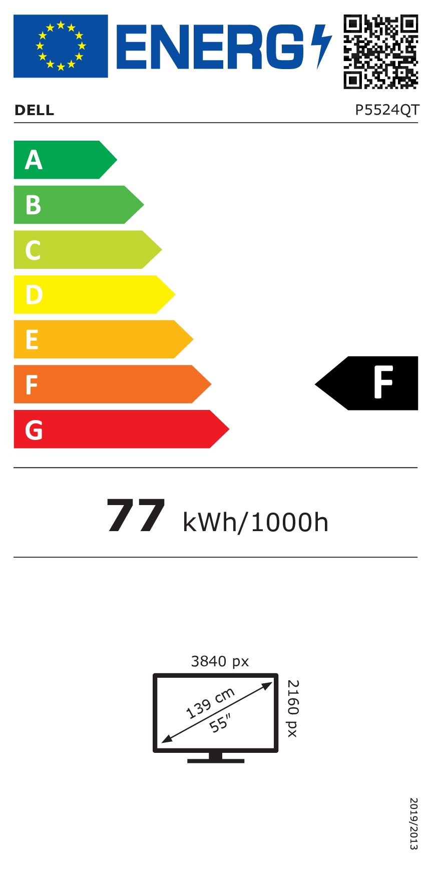 Etiqueta energética con logo Dell, calificación F, 77 kWh/1000h, pantalla de 55 pulgadas.