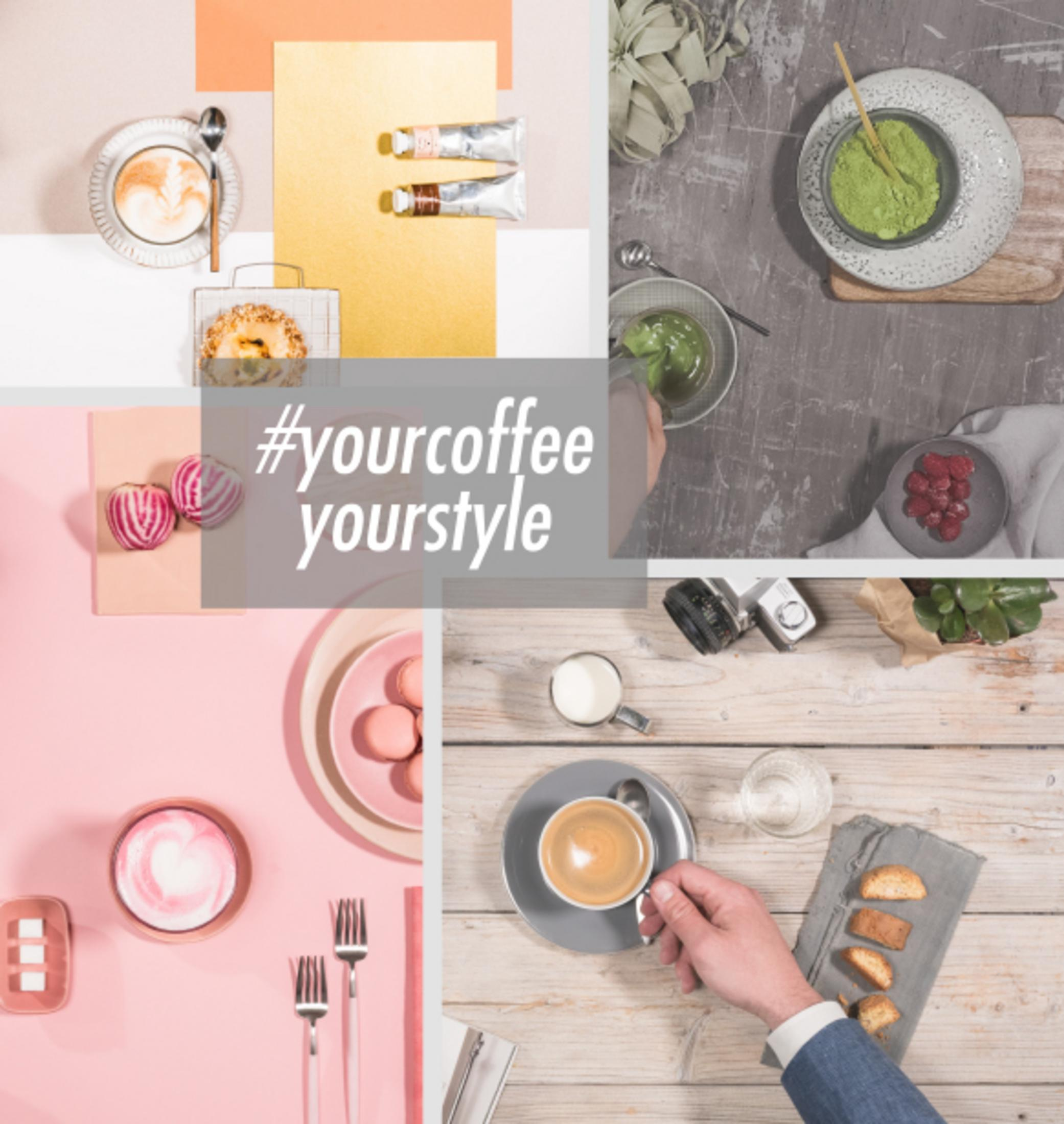 Kaffee, Matcha, Gebäck und Blumen in einer Collage.